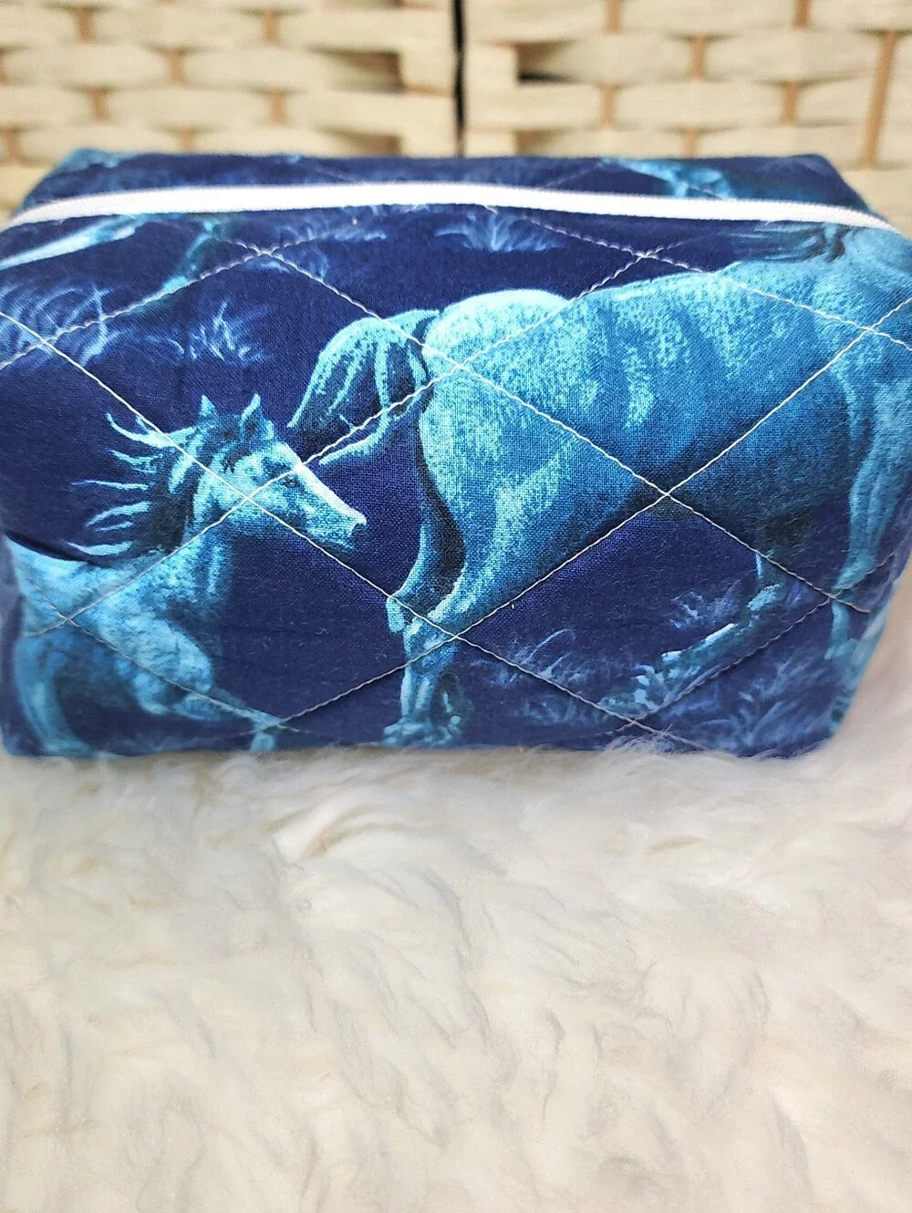 Handmade Quilted Boxy Bag Blue Vintage Horse Fabric Makeup Travel Lined